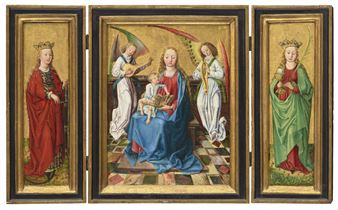A triptych: the central panel: The Virgin and Child with musical angels; the wings: the inner faces: Saint Catherine of Alexandria; Saint Barbara; the outer faces: The Annunciation - Michael Pacher
