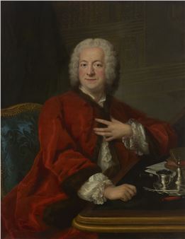 Portrait of a gentleman, half length, seated at a desk in a library - Marianne Loir