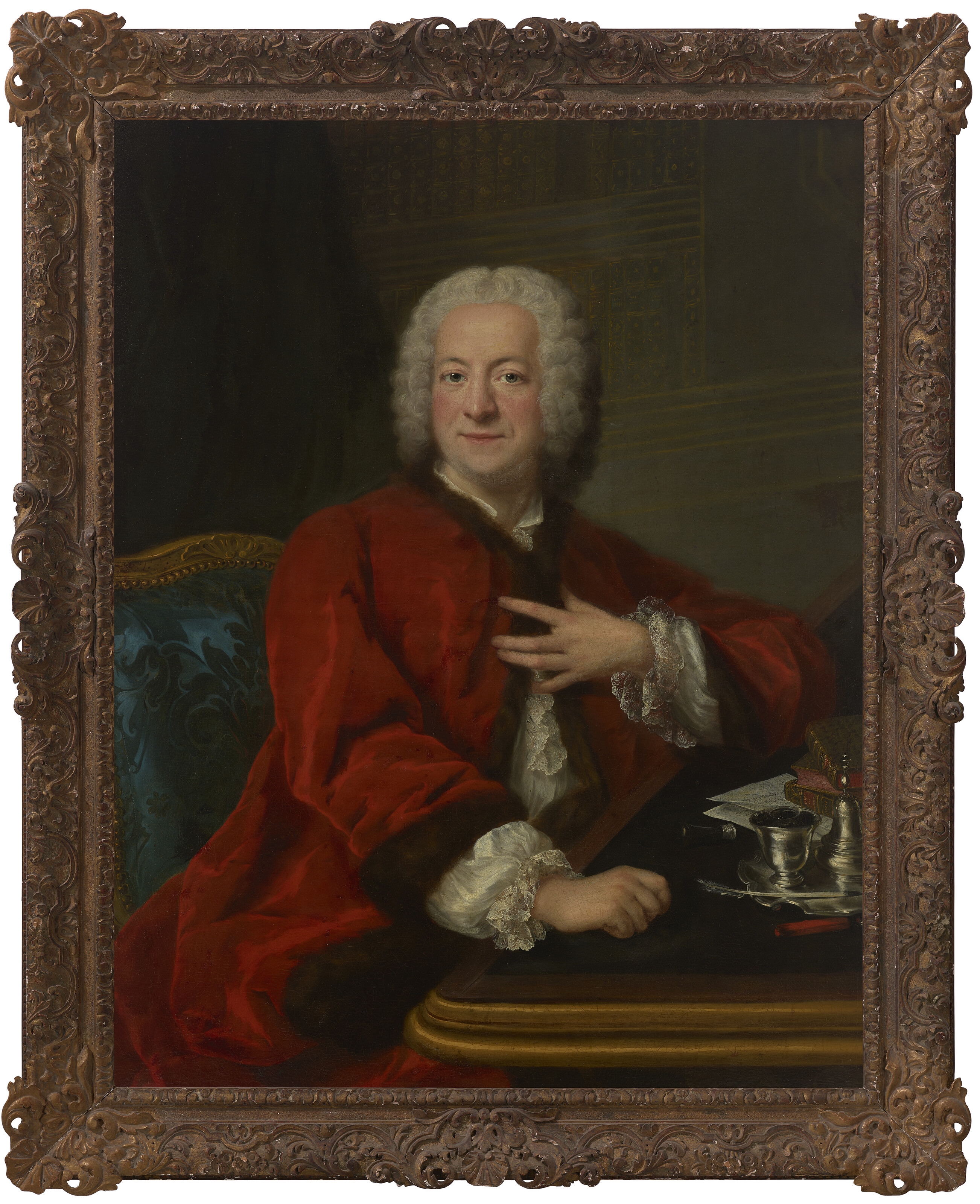 Artwork by Marianne Loir, Portrait of a gentleman, half length, seated at a desk in a library, Made of oil on canvas