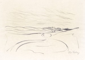 Artwork by István Huber, Táj gémeskutakkal, Made of paper, lithograph