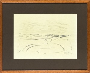 Artwork by István Huber, Táj gémeskutakkal, Made of paper, lithograph