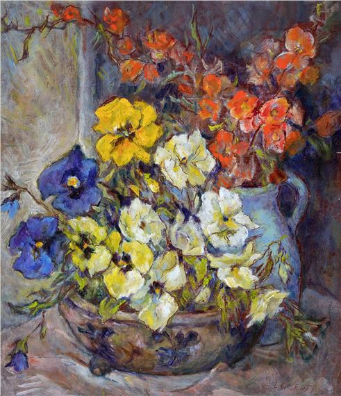 Stillleben mit Stiefmütterchen und Quitten by Benno Eggert