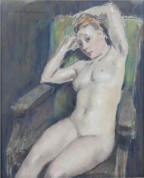 A nude figure reclines in a chair, rendered in soft pastel tones with a contemplative mood.