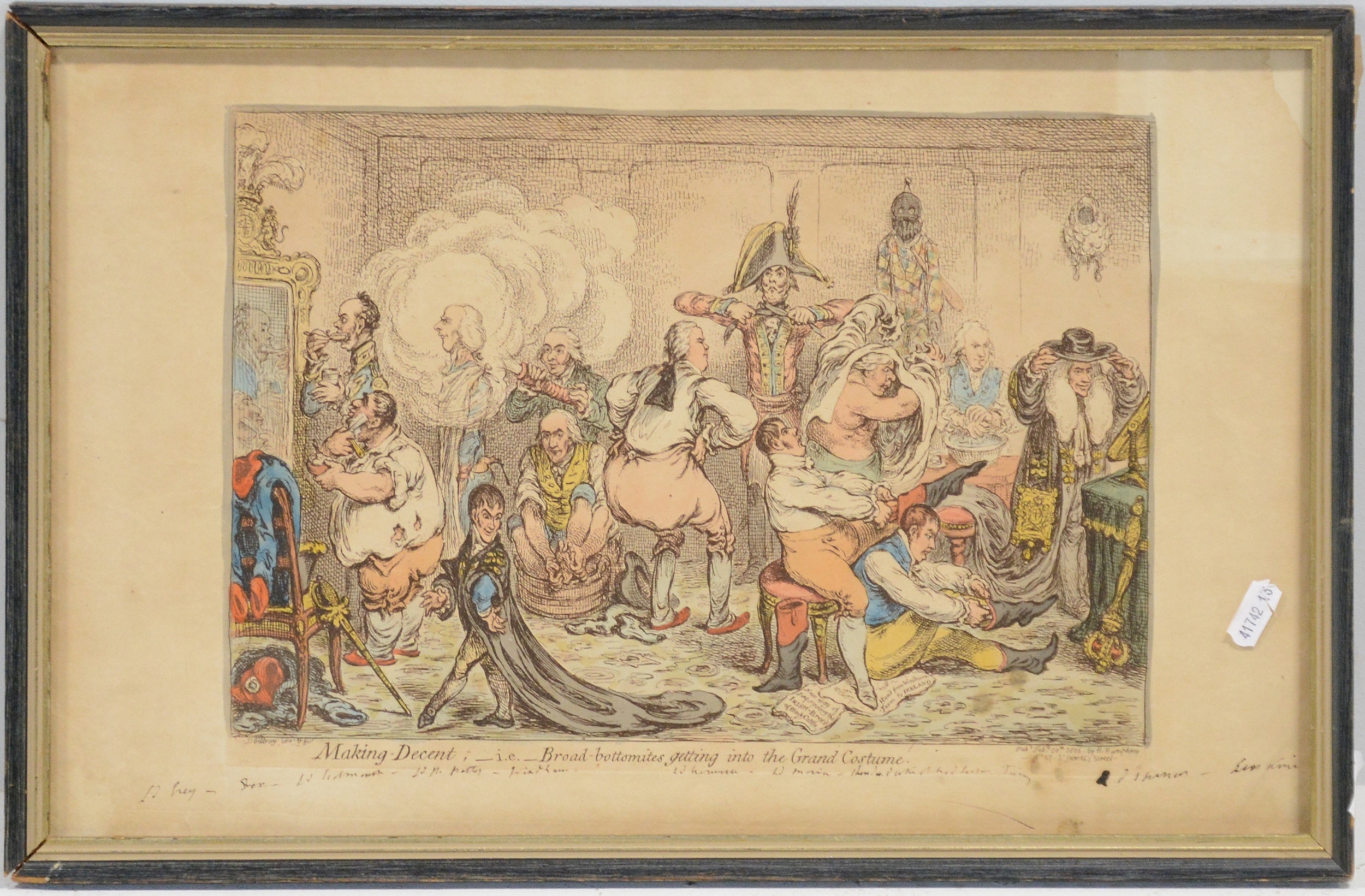Artwork by James Gillray, Making Decent i.e. Broad-Bottomites, getting into the Grand Costume, Made of hand coloured etching on wove paper