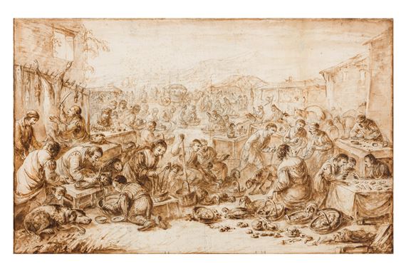A crowded market scene rendered in monochromatic tones with a bustling, lively atmosphere.