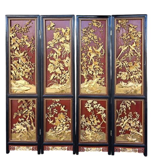 Chinese School | A Finely Carved Chinese Wood Screen Gilt Painted And ...