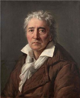 A formal portrait of an elderly man with white hair and a brown coat.