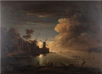 A busy moonlit river scene with windmill, a town in the distance and figures in the foreground -
Oil on panel - Jean Francois