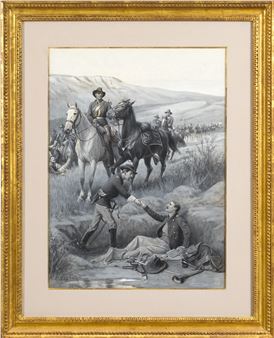 A dramatic historical scene depicting a wounded figure being helped by a soldier in a rugged landscape.