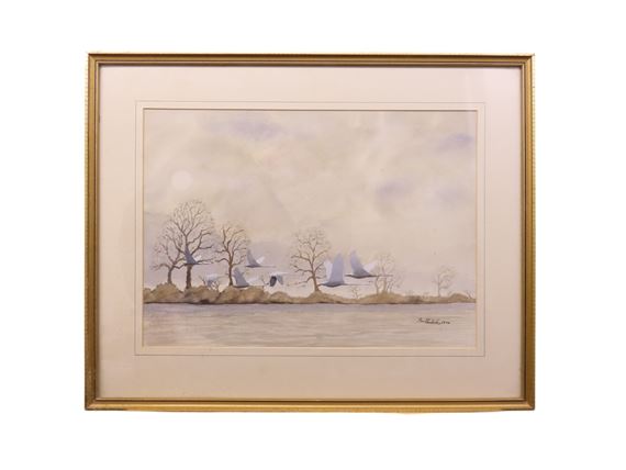 Ian Pembroke: Flying birds over a river with trees beyond - Ian Pembroke