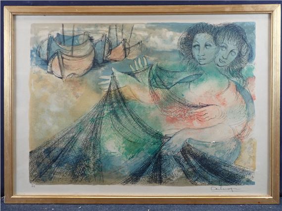 Les deux amies aux filets de pêche Lithographie - Jean Camberoque