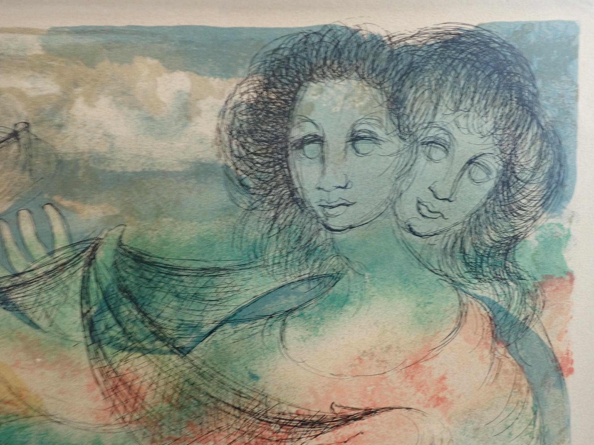 Artwork by Jean Camberoque, Les deux amies aux filets de pêche Lithographie, Made of lithograph