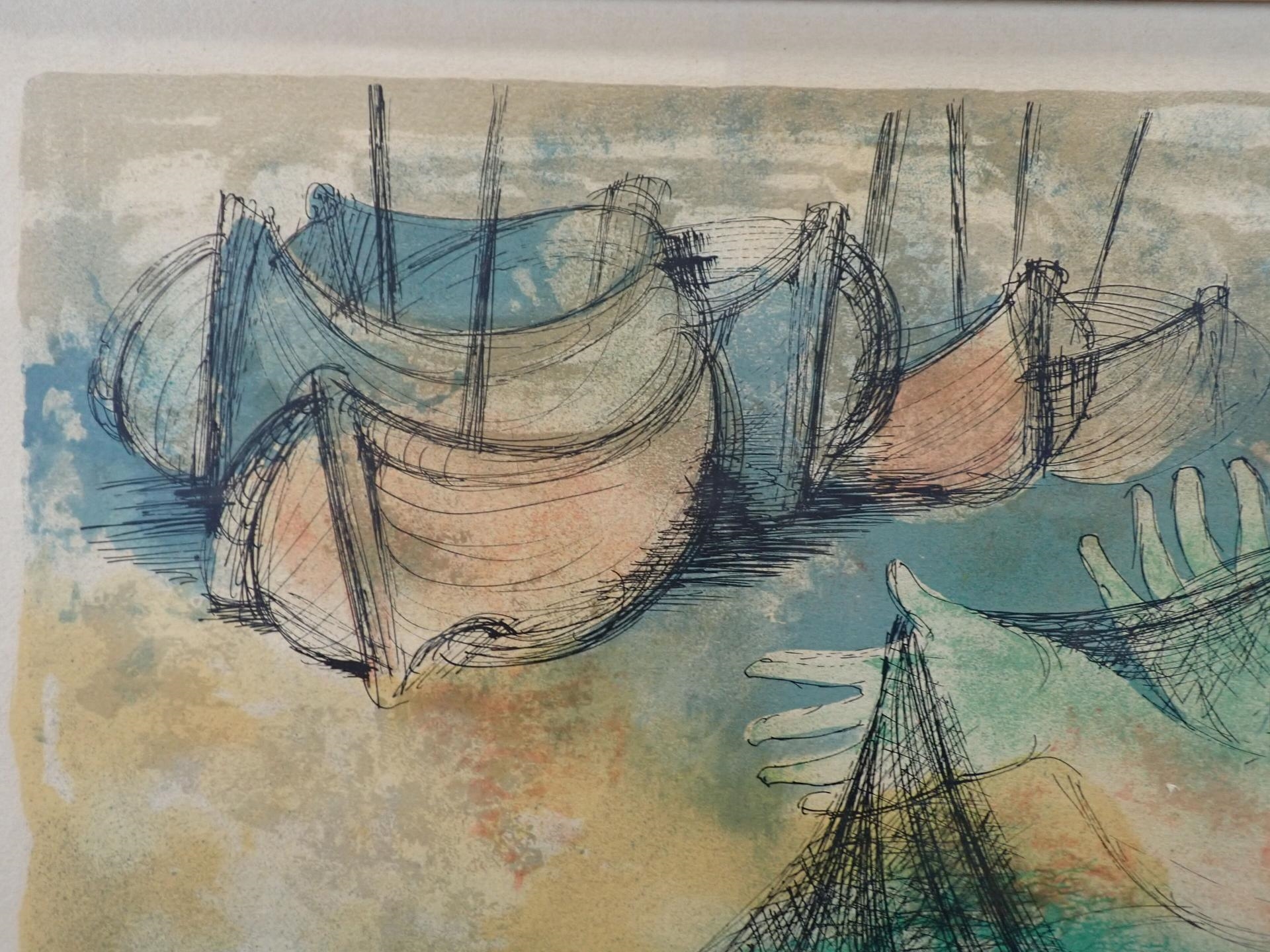 Artwork by Jean Camberoque, Les deux amies aux filets de pêche Lithographie, Made of lithograph