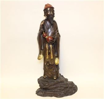 Japanese Mix-Metal Standing Figural Holding a Gour - Japanese School