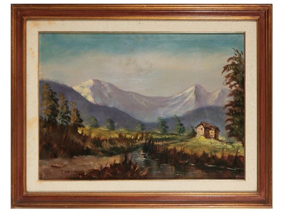 A framed landscape painting featuring a small house near a stream with distant mountains.