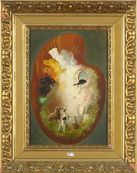 Chat et chiens sur une palette de peintre - John Verbaet