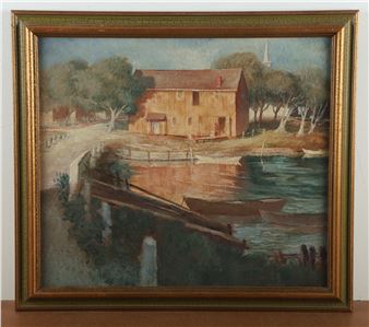 A serene watercolor landscape of a riverside house with boats and a church spire.