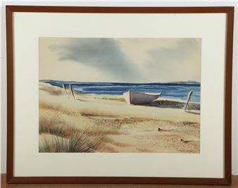A framed watercolor seascape depicting a lone boat on a sandy beach under an overcast sky.