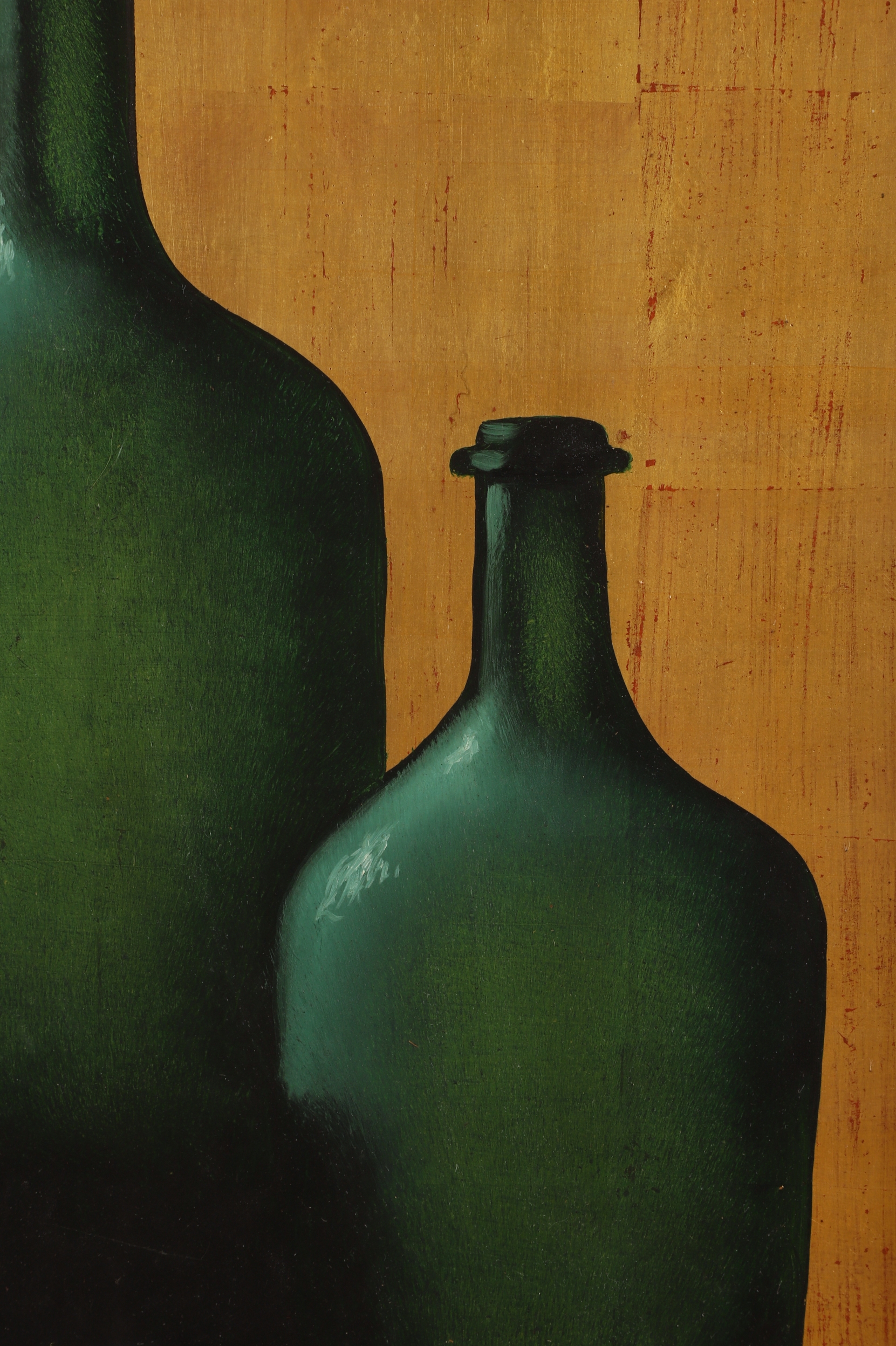 Artwork by M.W. Huggins, Still Life Green Bottles, Made of oil and silver leaf on masonite