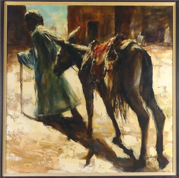 Untitled: Village Scene with Man and Pony by Julius Damasdy