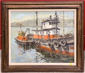 ''Tugboat'' Oil Painting Framed 27''x31'' - Pat Fridell