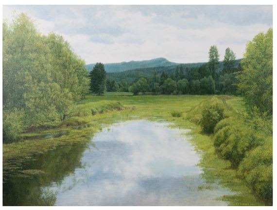Framed Pond Reflecting Sky Surrounded by Trees - Bill Brennen