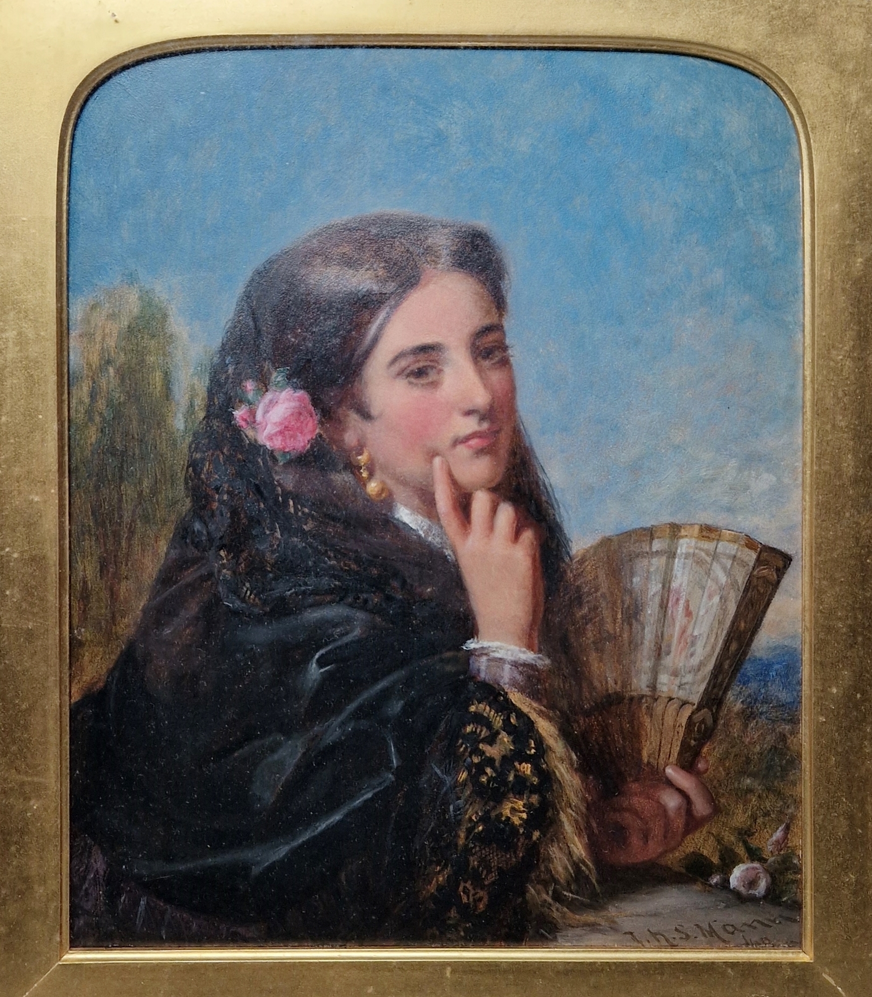 Artwork by Joshua Hargrave Samms Mann, Portrait of Spanish lady in black veil holding a fan, Made of Oil on board