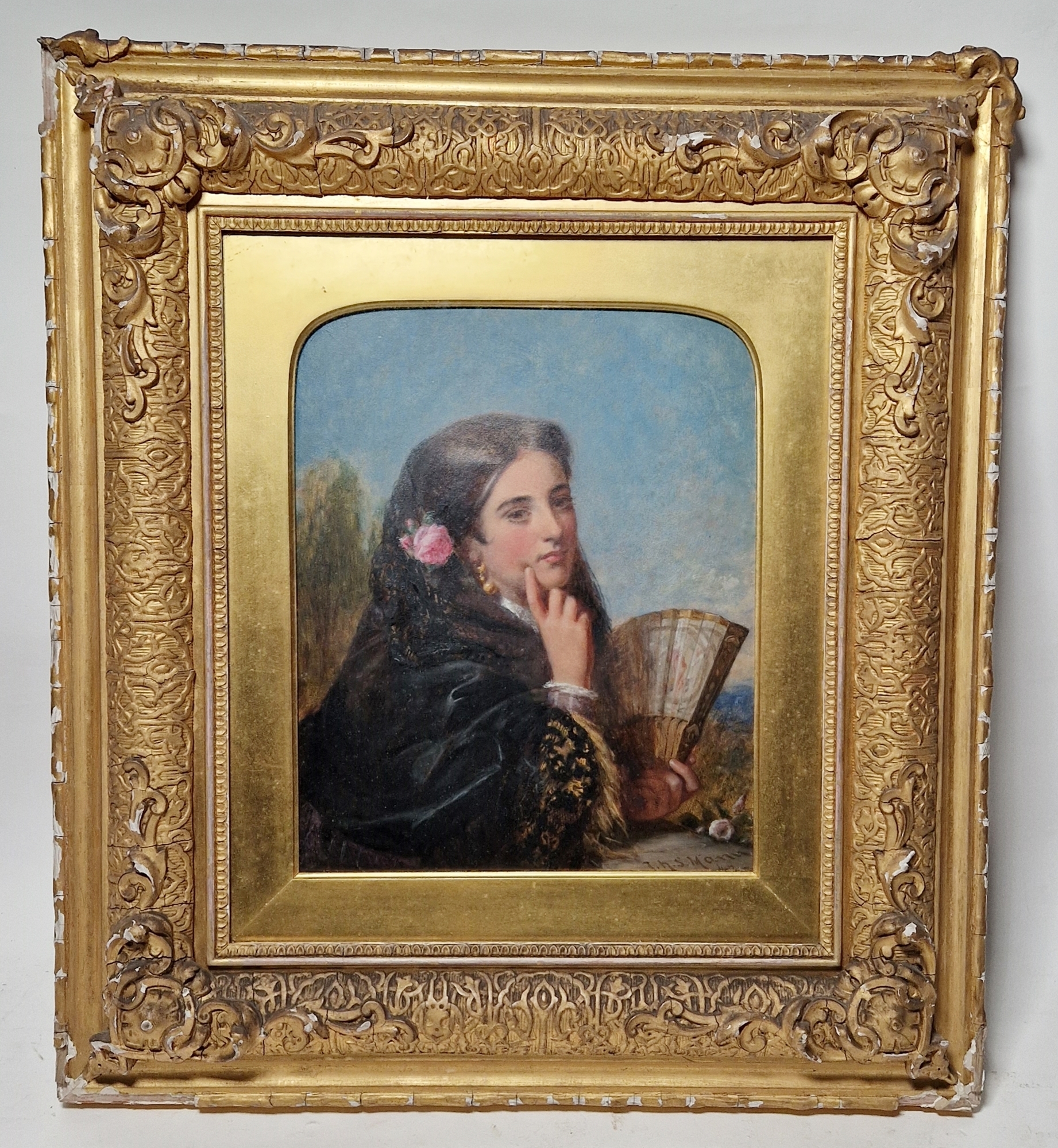 Artwork by Joshua Hargrave Samms Mann, Portrait of Spanish lady in black veil holding a fan, Made of Oil on board