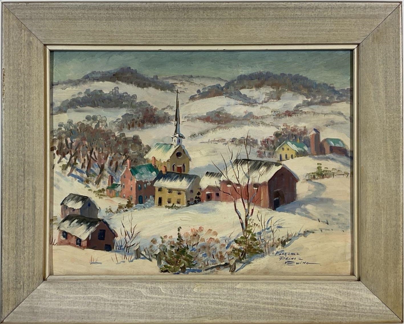 Artwork by Florence Prince Ewing, Snowy winter townscape, Made of Oil on board