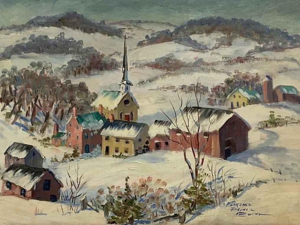 Artwork by Florence Prince Ewing, Snowy winter townscape, Made of Oil on board