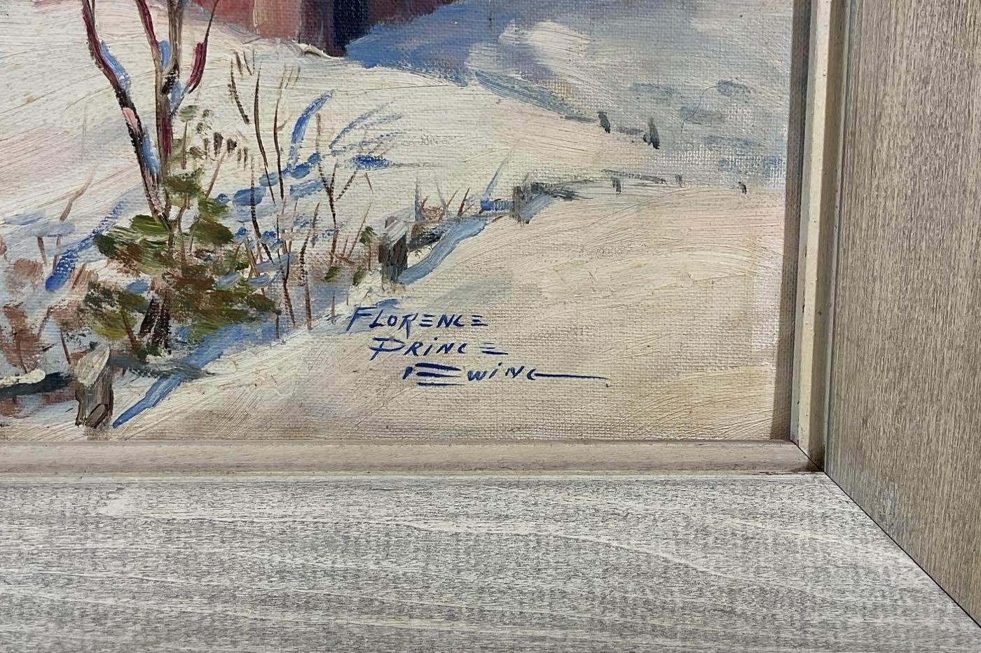 Artwork by Florence Prince Ewing, Snowy winter townscape, Made of Oil on board