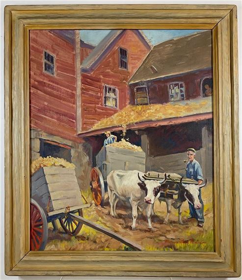 Barnyard scene with cows and farmers