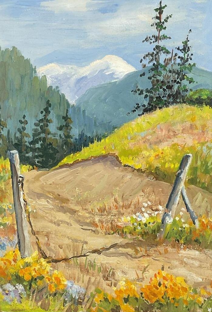 Artwork by Florence Prince Ewing, Meadow landscape with mountain in background, Made of Oil on canvas