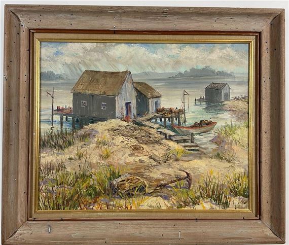 Coastal landscape with boathouse and rowboat by Florence Prince Ewing