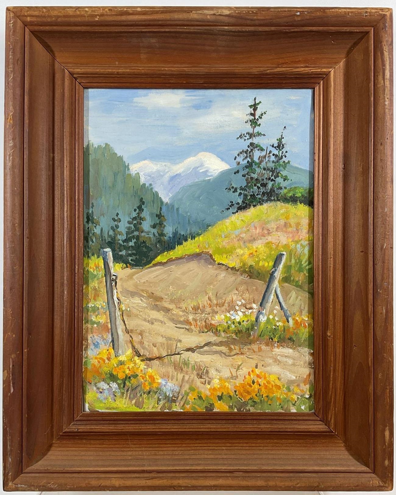 Artwork by Florence Prince Ewing, Meadow landscape with mountain in background, Made of Oil on canvas