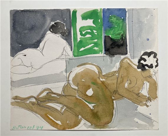 Le modèle étendu devant le miroir - Gouache et graphite sur