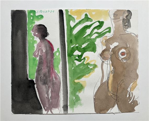 Le modèle debout devant le miroir - Gouache et graphite sur by Jacques Poncet