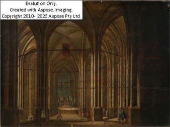 (Prag 1746-1821) Inneres einer gotischen Kirche mit Altar und Kreuzigungsgruppe sowie zahlreichen Personenszenen - Ludwig Kohl