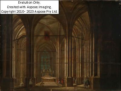 (Prag 1746-1821) Inneres einer gotischen Kirche mit Altar und Kreuzigungsgruppe sowie zahlreichen Personenszenen - Ludwig Kohl