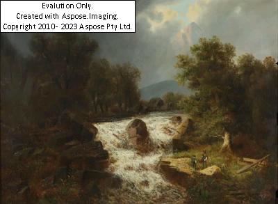 Landschaft mit Wanderern an wildem Gebirgsfluß mit kleinem Wasserfall by Albert Lang