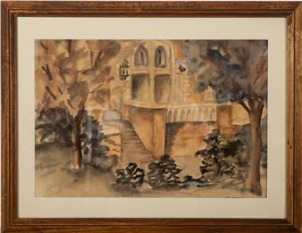 Building with a staircase and arched white windows and brick details surrounded by dark foliage - Leah Vlahandreas