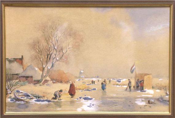 Schaatsers op het ijs bij een koek en zopie tent - Jan Sühl