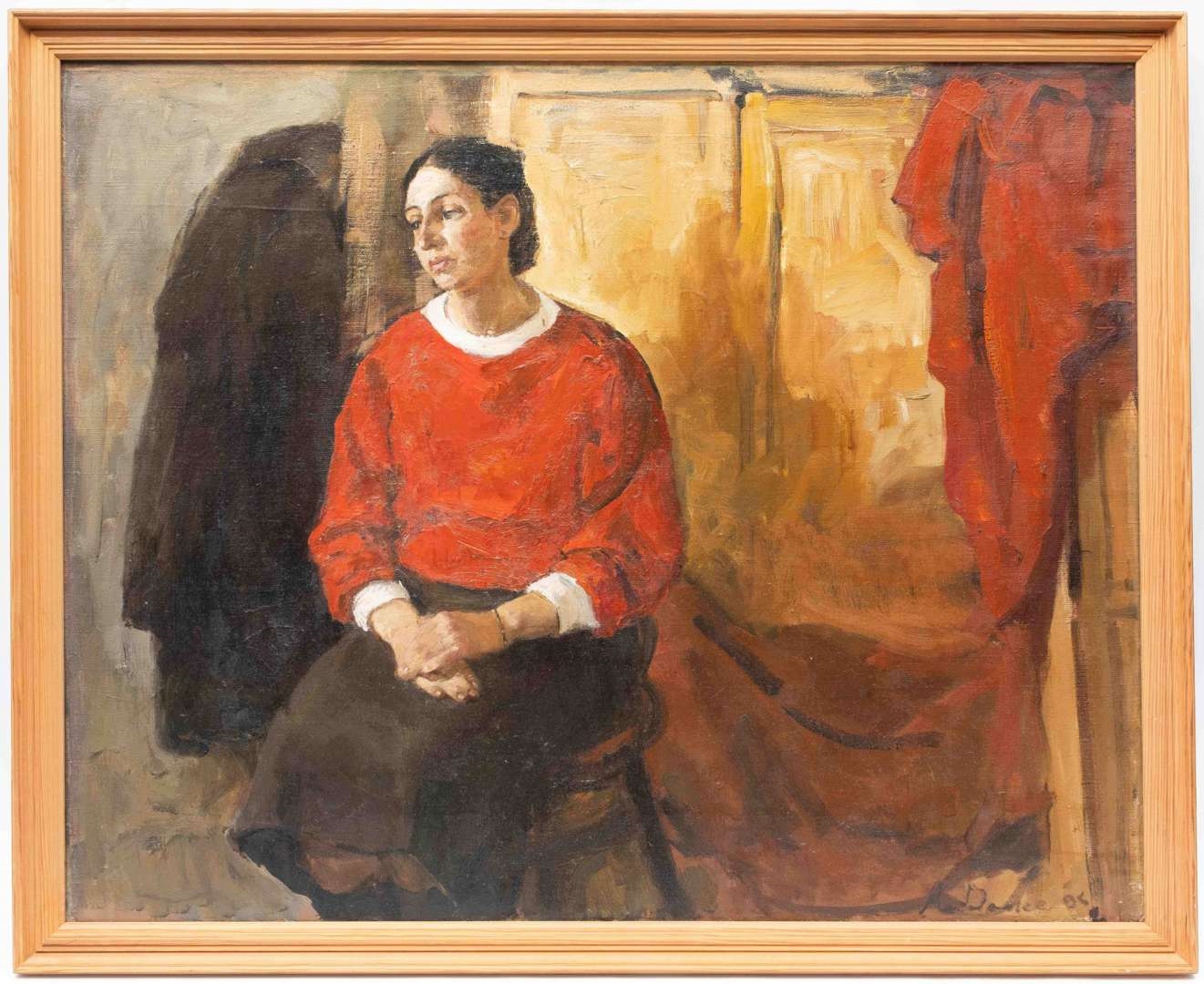 Artwork by Aref Damee, Een poserende vrouw in het rood, Made of oil on canvas