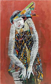 Dame met hoed tegen rode achtergrond - Paul Basart