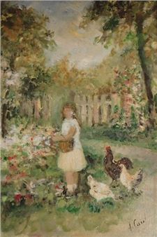 Jeune fille au panier dans un jardin accompagné de deux poules et d'un coq - Josée Carel