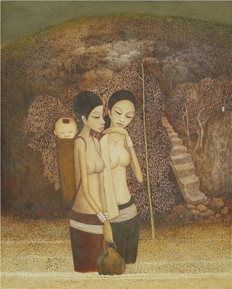 Two women and child in the river by Cheong Soo Pieng, Executed in 1976