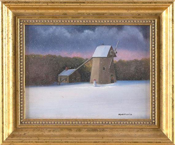 Snowman in front of a windmill by Marieluise Hutchinson