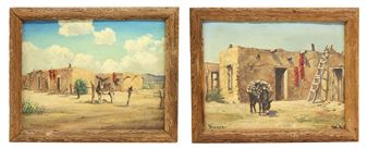 Donkey with adobe buildings, (1) Grazing donkey - Valentine Morse