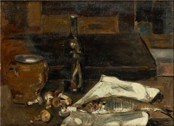 Natura morta con pesce e bottiglia by Filippo de Pisis, 1925
