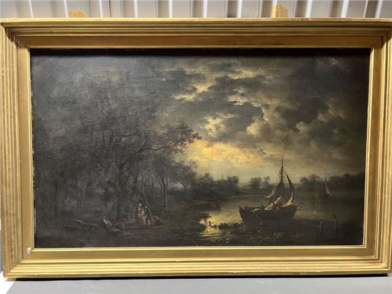 Claude Sébastien HUGARD de LA TOUR (Cluses 1816 - Couilly 1885) Fishermen in the moonlight On its original canvas 60 x 100 cm Signed and dated lower left Hugard 1869 - Claude Sébastien Hugard de Latour